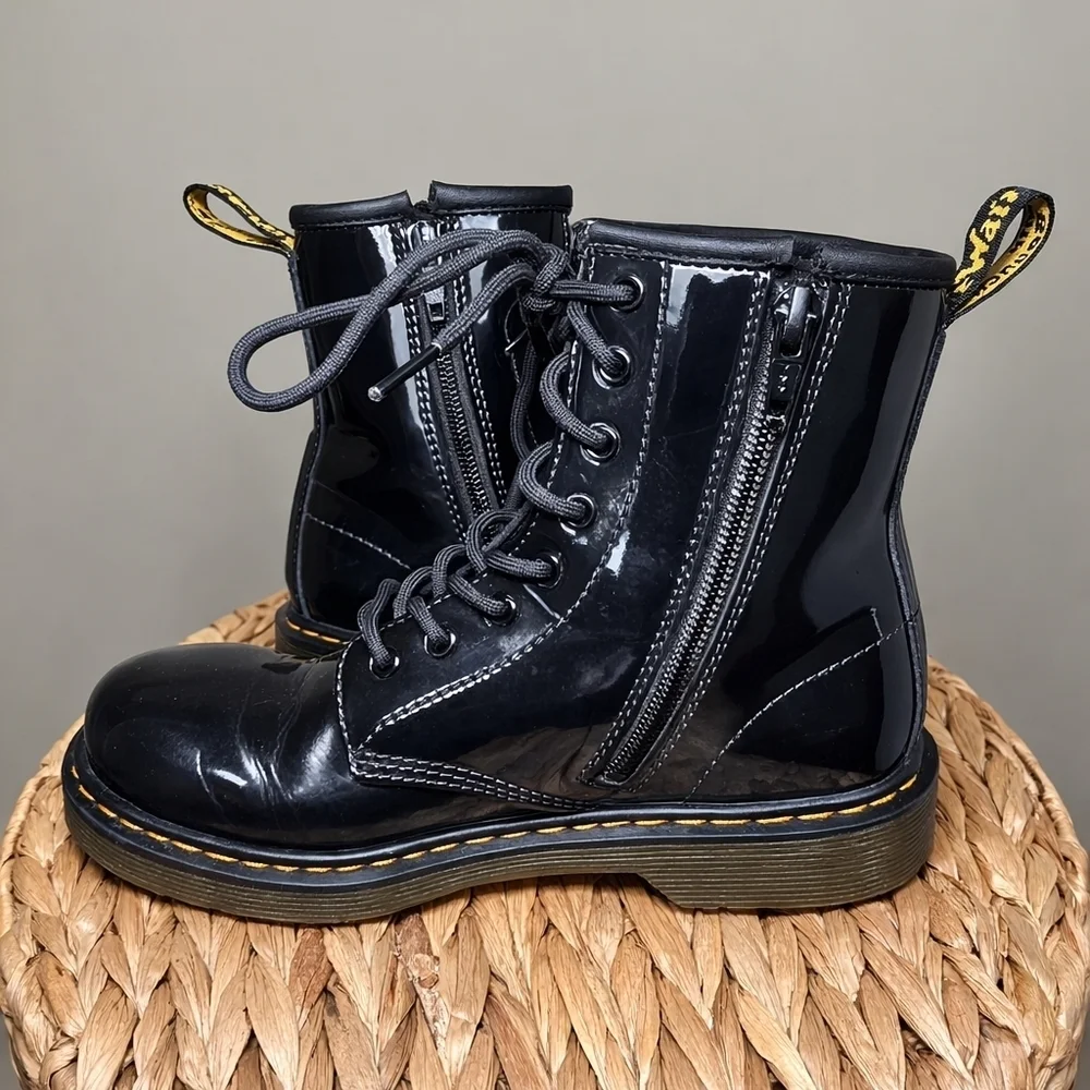 Dr Martens 1460 Youth Black Patent Leather Combat Boots Lace Up Side Zip